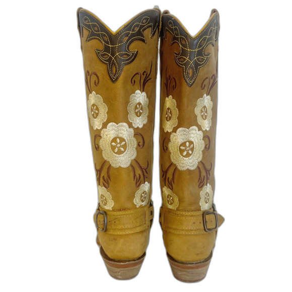 Women's Mexican Cowboy Boots Tan Leather Floral Embroidered Western Size 8 - Picture 8 of 8